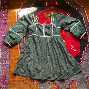 Madewell Green Polka Dot Cottagecore Prairie Dress with White Trim